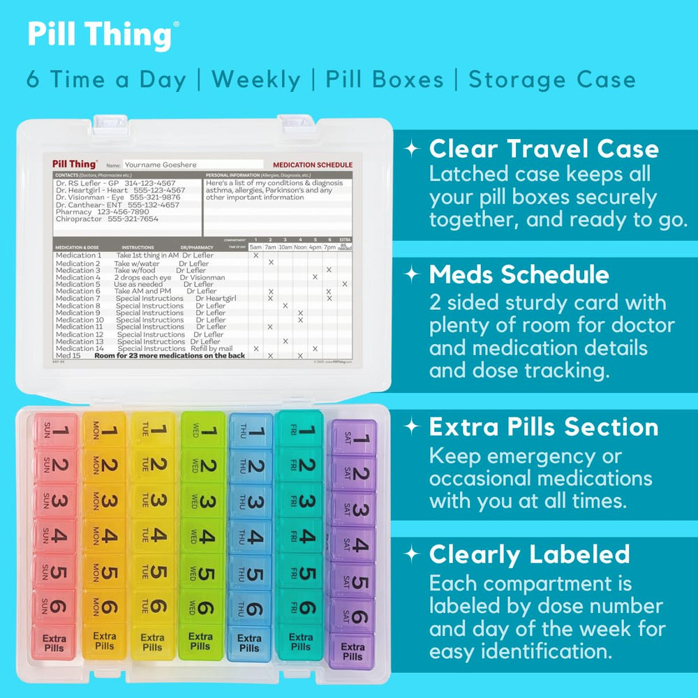 PILL THING Secure latched case keeps pills safe during travel and daily commutes.