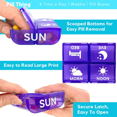 PILL THING secure snap-in tray keeps pills upright during travel.