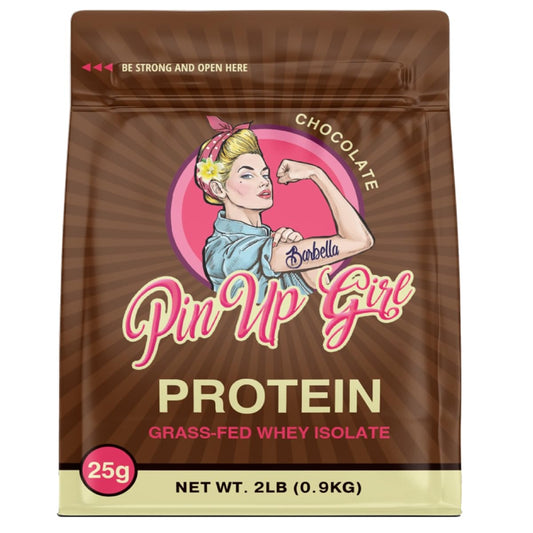 Pin Up Girl Whey Isolate Dutch Chocolate tub closeup shows high-protein formula for lean muscle
