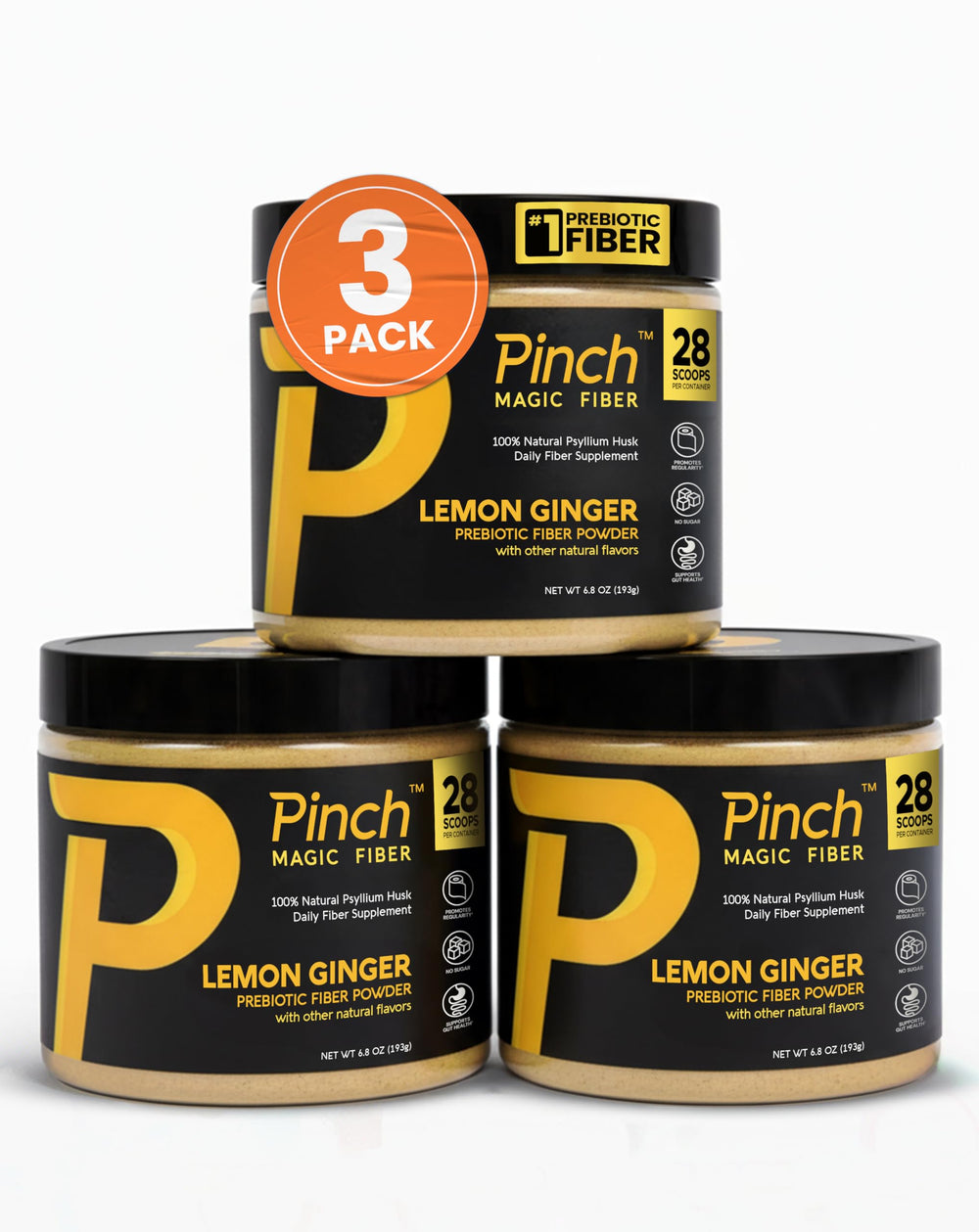 Pinch Magic Fiber Lemon Ginger packaging showing clean ingredients for daily use