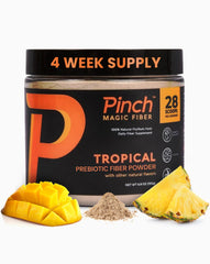 Pinch Magic sugar-free fiber powder tropical jar showing the product and label, a daily fiber staple