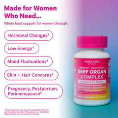 Pink Stork Beef Organ capsules close-up emphasizing easy-to-swallow format.