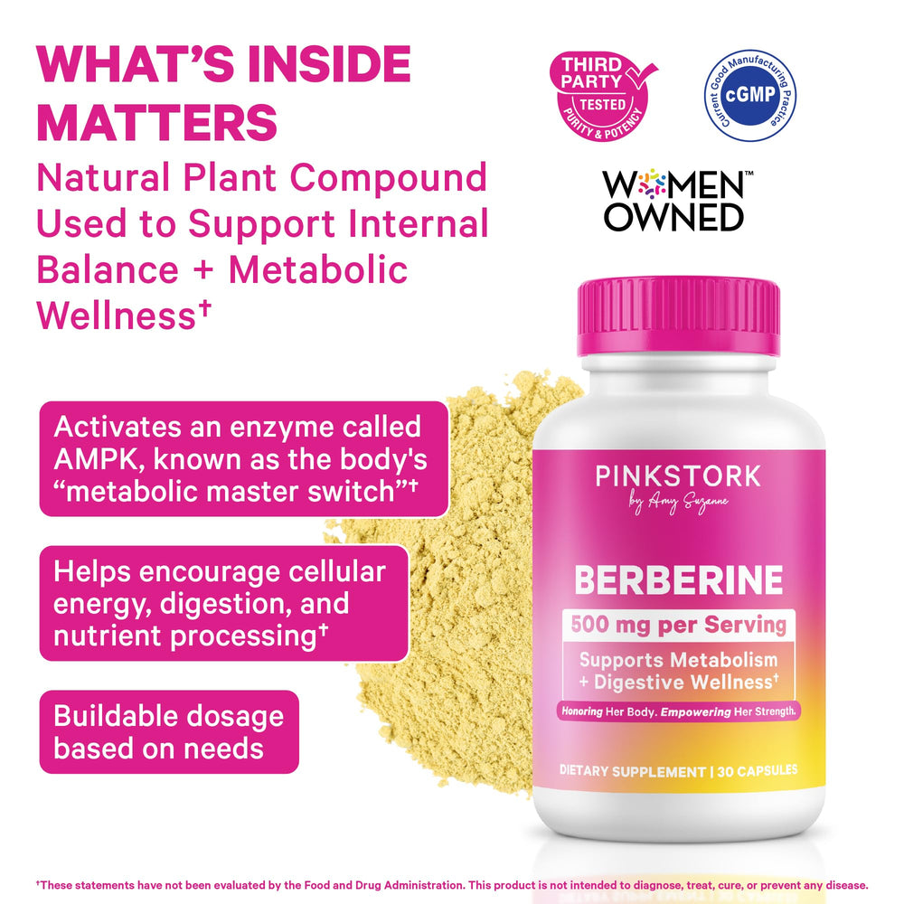 Single Pink Stork Berberine capsule highlights vegan, non-GMO formula for gentle support.