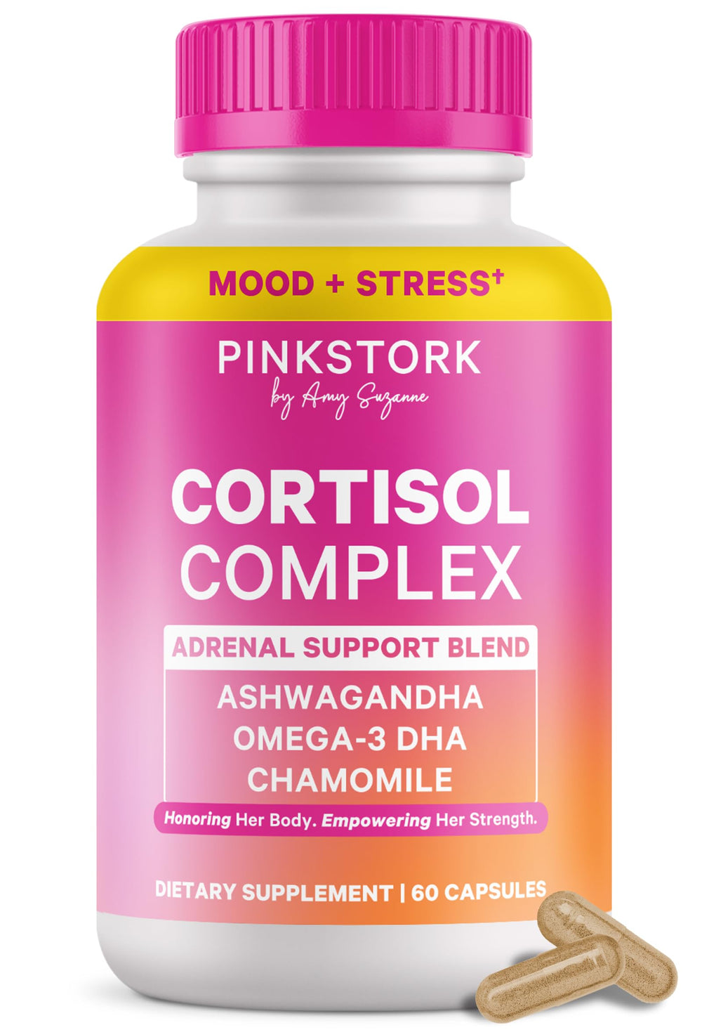 Pink Stork Cortisol Supplements bottle with label emphasizing daily adrenal balance.