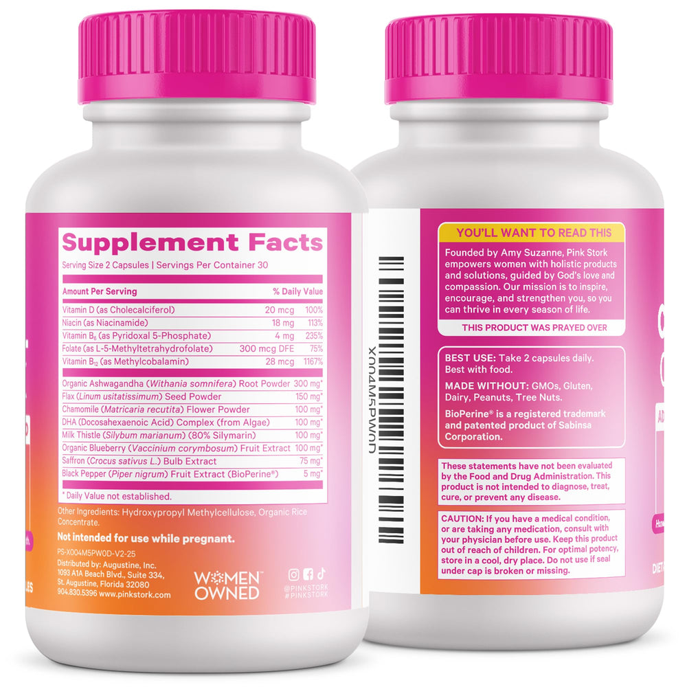 Pink Stork Cortisol Supplements breastfeeding-friendly badge seen on box.