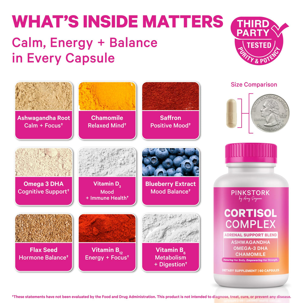 Pink Stork Cortisol capsules closeup illustrating a non-drowsy, daytime stress support formula.