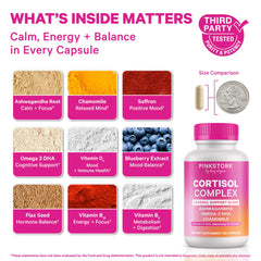Pink Stork Cortisol capsules closeup illustrating a non-drowsy, daytime stress support formula.