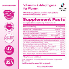 Pink Stork Cortisol Supplements vitamin D, B12, and folate details on bottle label.