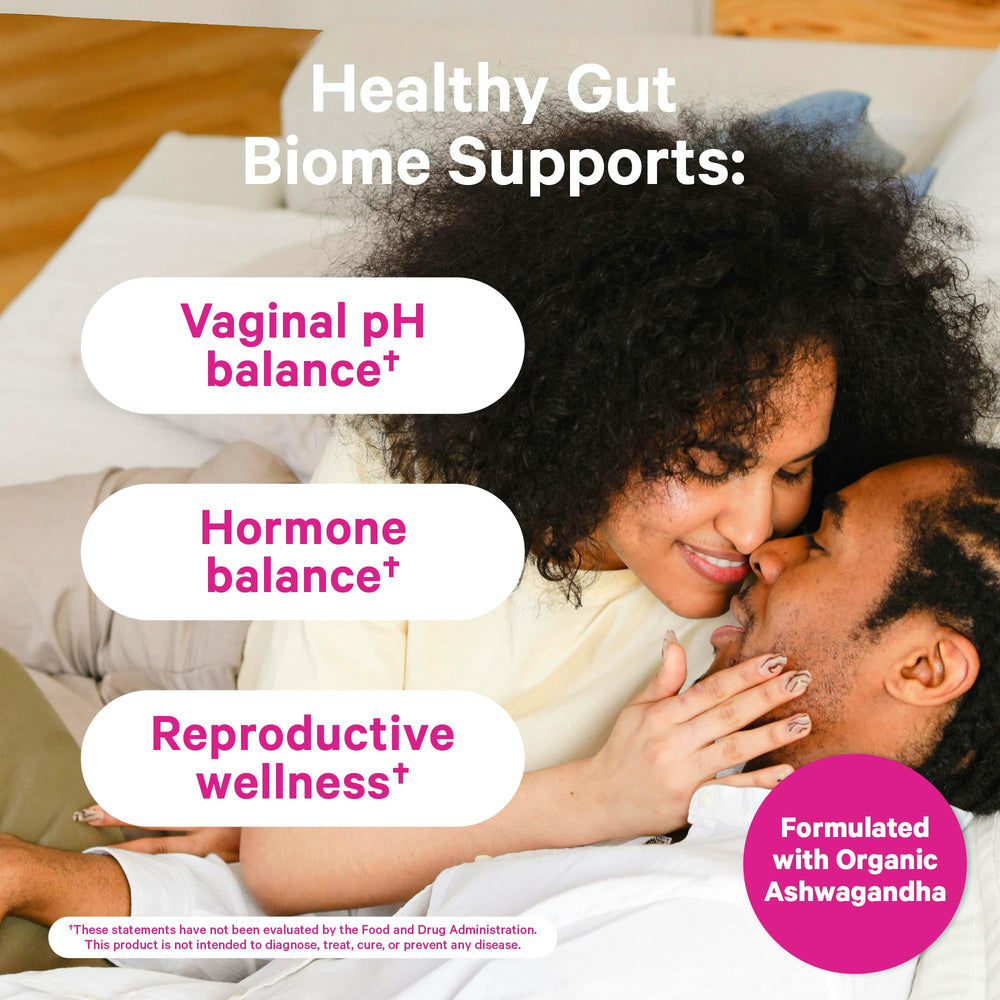Pink Stork Ashwagandha-enhanced probiotic bottle promoting hormonal balance