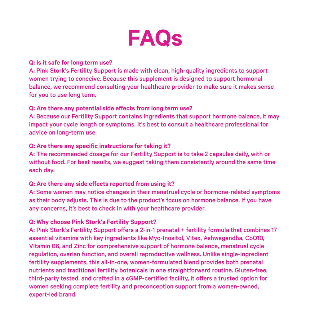 Pink Stork Fertility Support bottle highlights a trusted, women-owned brand.