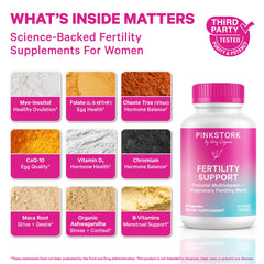 Pink Stork Fertility Support capsules closeup highlights easy daily ingestion.