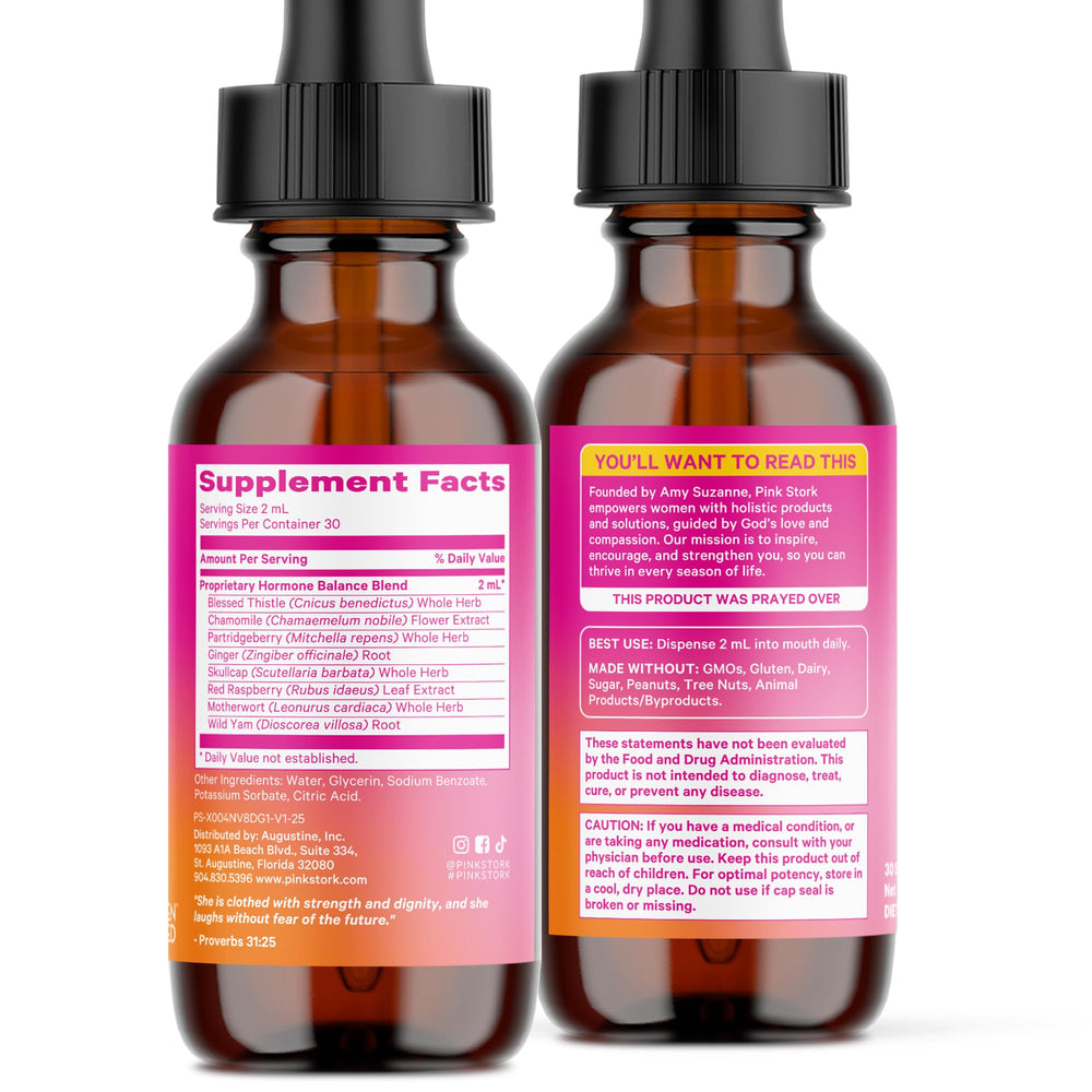 Herbal ingredients visual beside Pink Stork Hormone Balance Drops