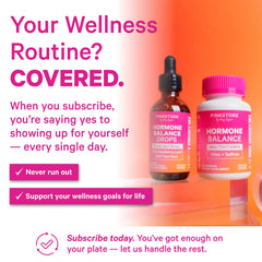 Pink Stork Hormone Balance label view highlights ingredients and daily value details.