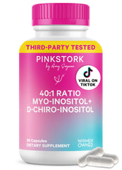 Pink Stork Inositol 40:1 bottle emphasizing daily hormone balance support.