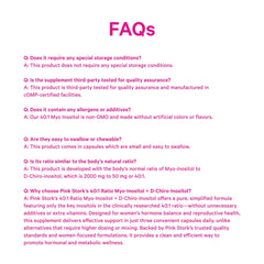 Pink Stork Inositol ingredient checklist highlighting clean, vegan, GMO-free formulation.