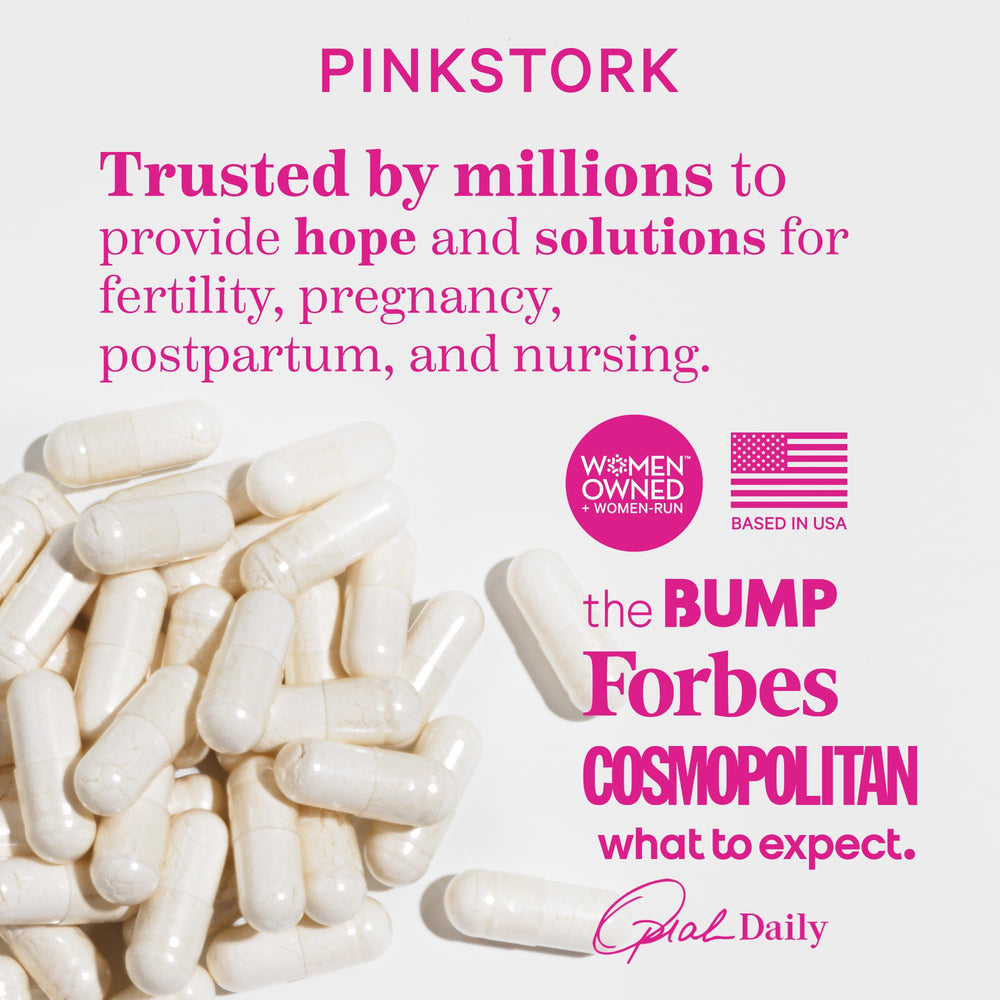 Pink Stork Labor Prep capsules in hand illustrate daily use