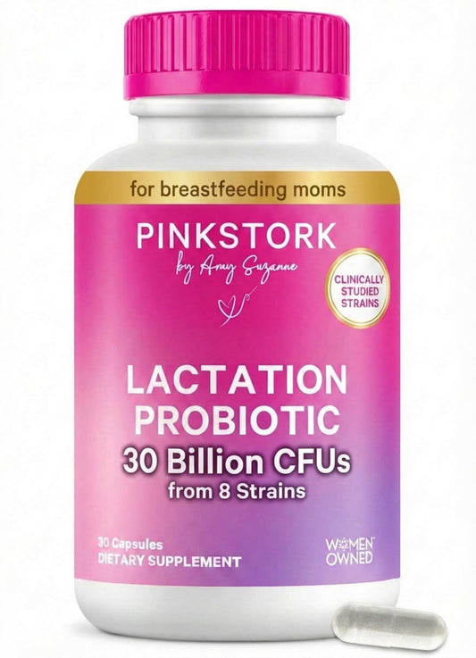 Pink Stork Lactation Probiotic bottle front supports daily postpartum gut balance