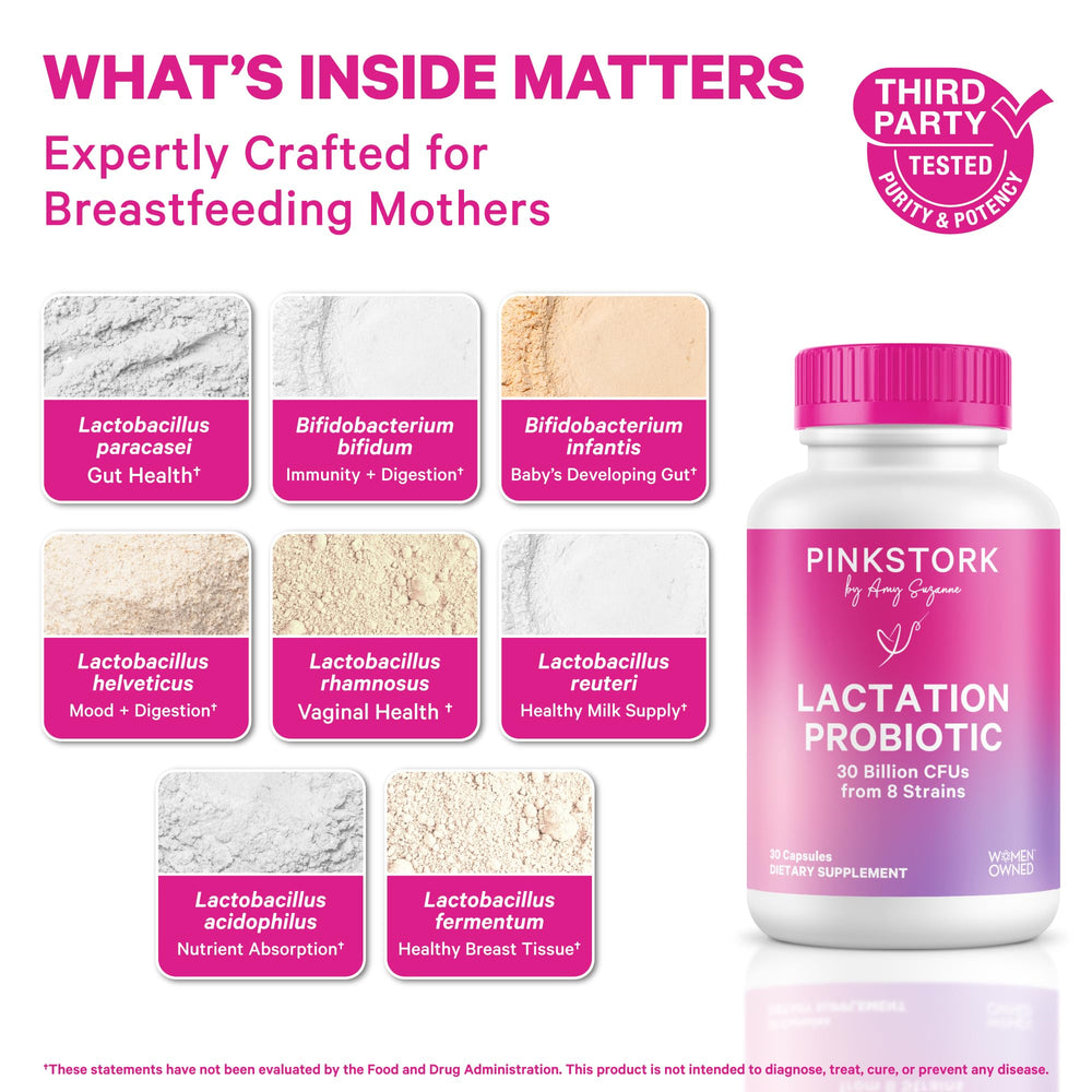 Pink Stork Lactation Probiotic capsules closeup show daily probiotic support for mom