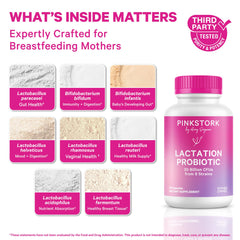Pink Stork Lactation Probiotic capsules closeup show daily probiotic support for mom