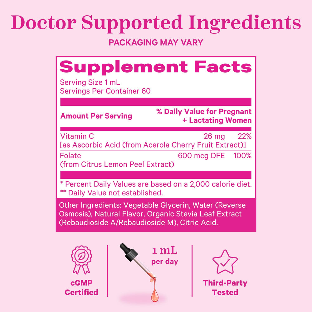 Pink Stork Liquid Folate Drops added to water for simple mixing.