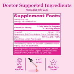 Pink Stork Liquid Folate Drops added to water for simple mixing.