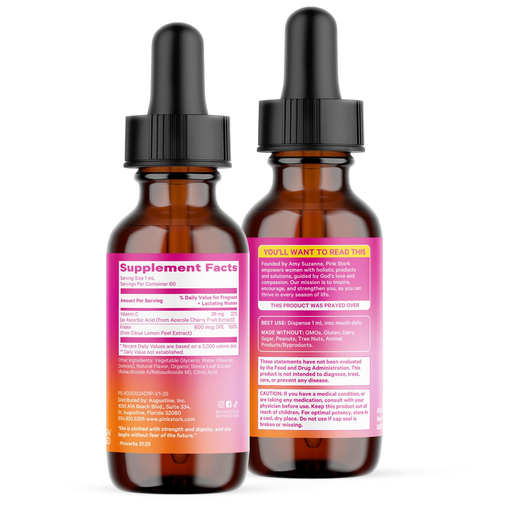 Pink Stork Liquid Folate Drops third-party tested seal signals purity.