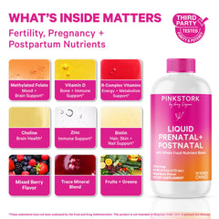 Pink Stork Liquid Prenatal Berry pour illustrating quick absorption for busy mornings.