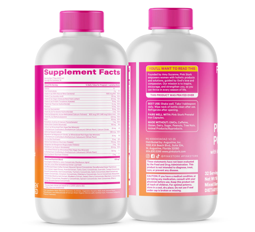 Pink Stork Liquid Prenatal Berry vial shows 32-day supply.