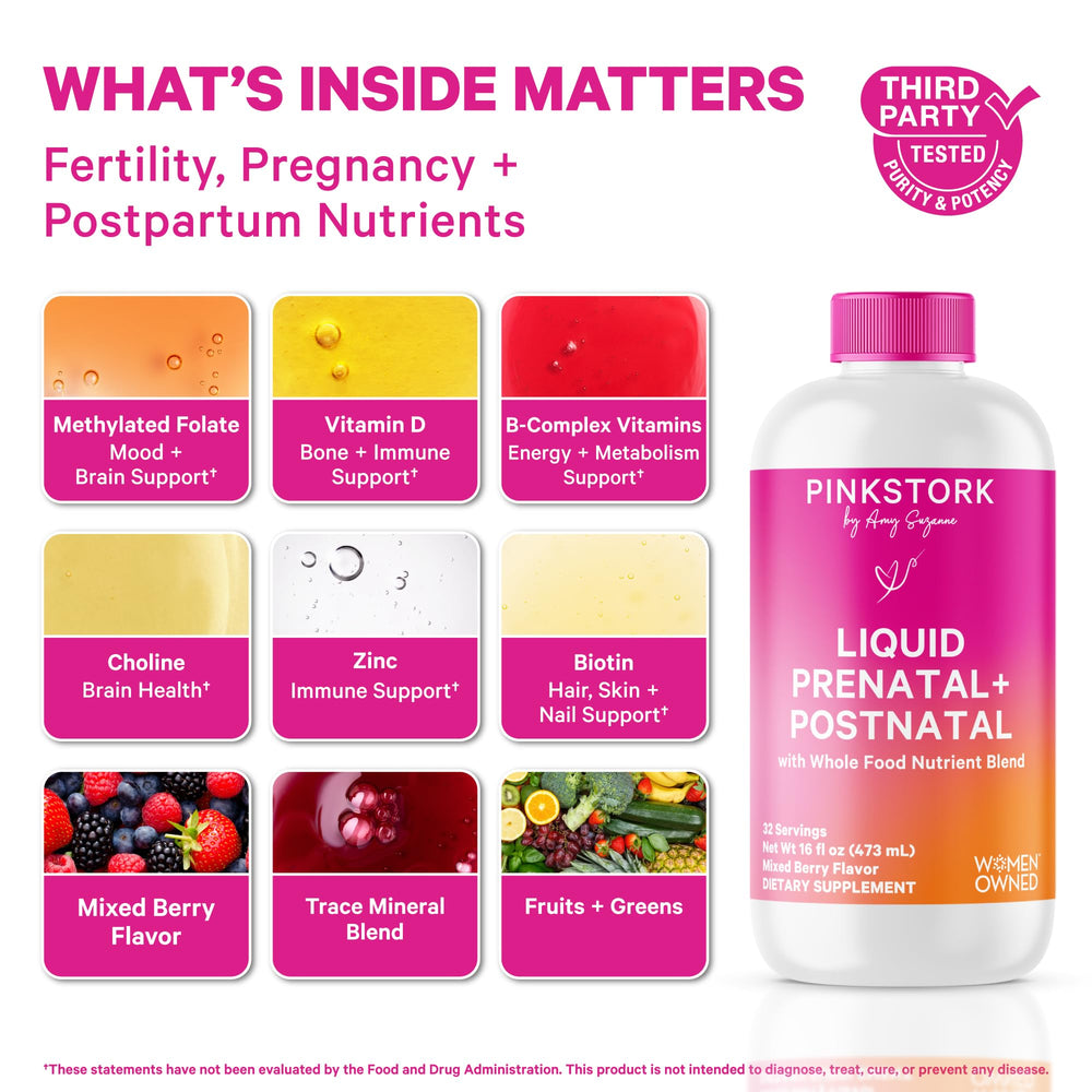 Pink Stork Liquid Prenatal bottle side view with clear label.