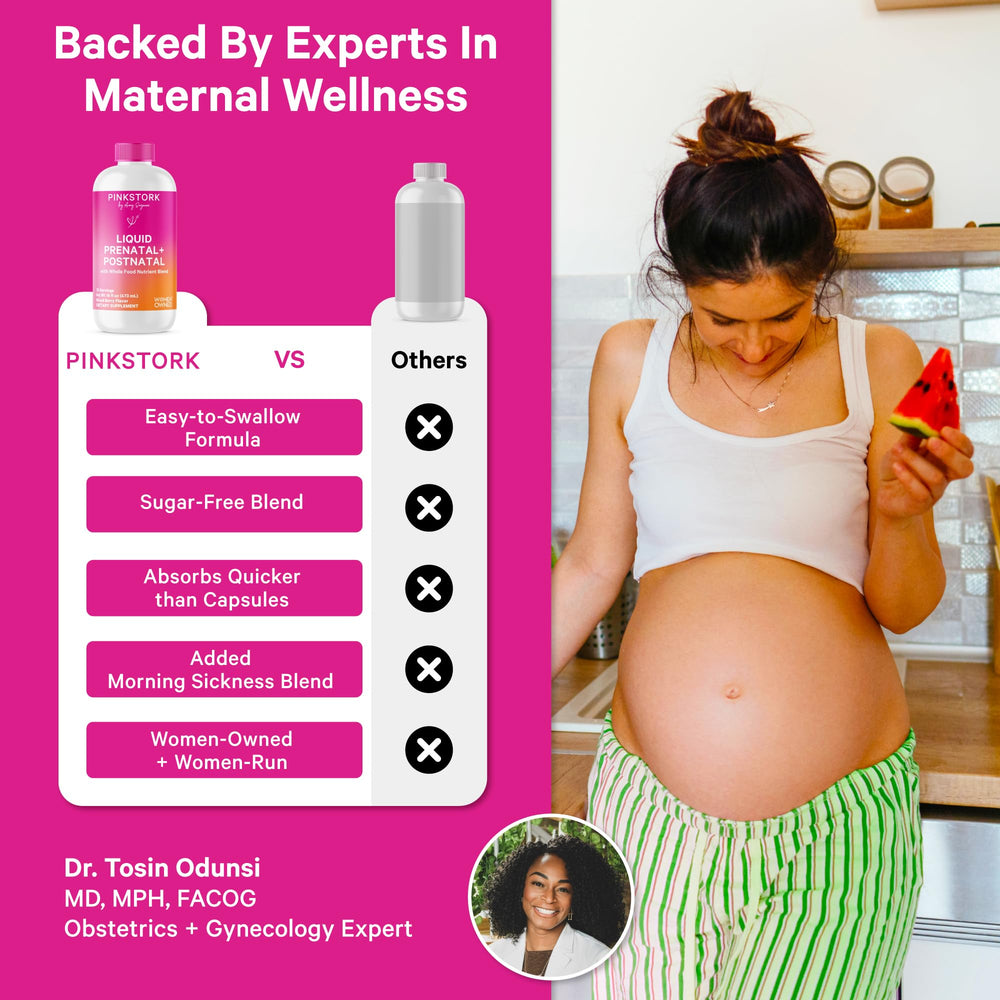 Pink Stork Liquid Prenatal measuring spoon dispensing a precise tablespoon.