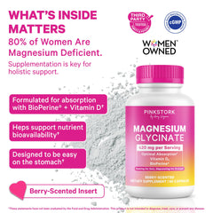 Pink Stork magnesium glycinate capsules pouring into hand for daily health.