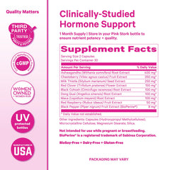 Pink Stork Menopause ashwagandha-maca bottle promotes herbal balance for resilience