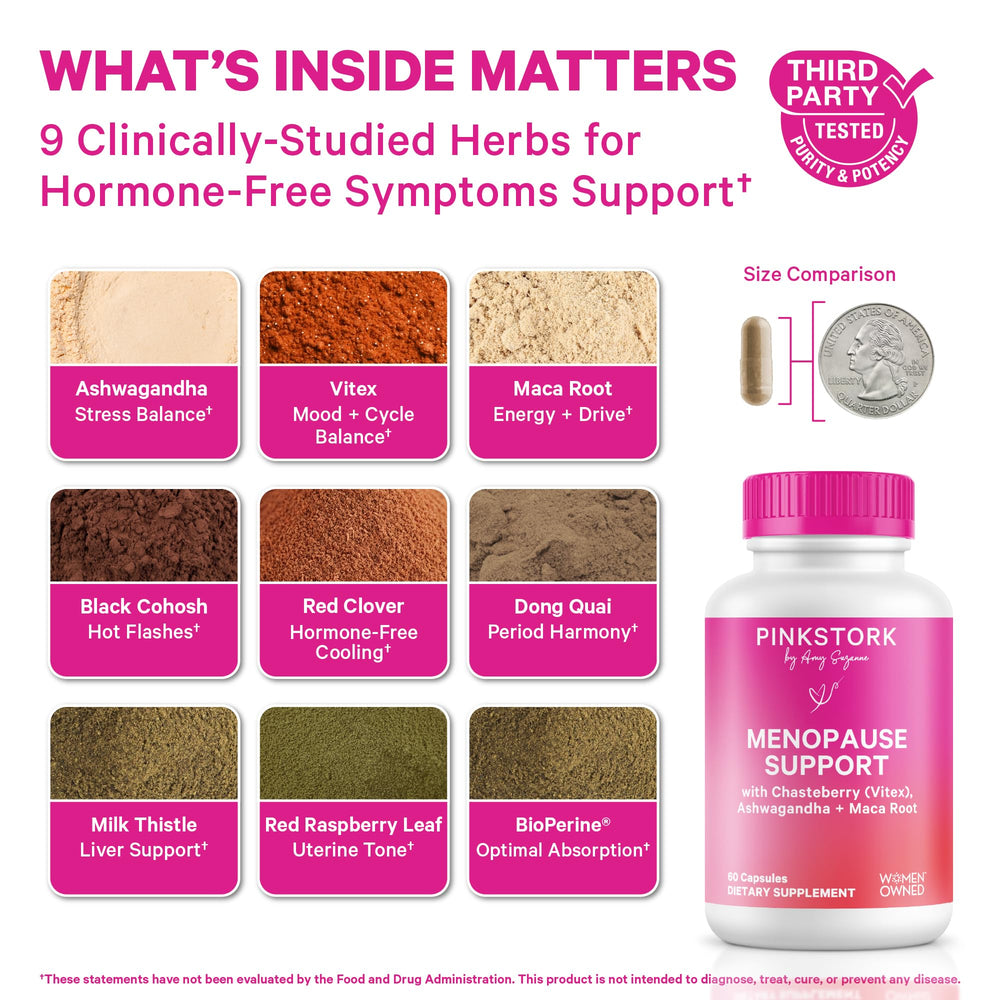 Pink Stork Menopause mood-balance bottle supports calmer mood for everyday tasks