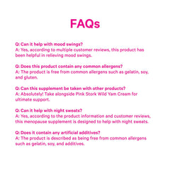 Pink Stork Menopause vegan-label bottle signals clean, allergen-friendly relief