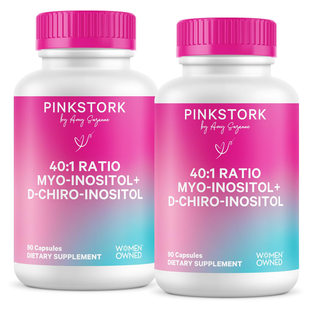 Pink Stork bottle front shows the 40:1 ratio for hormonal balance.