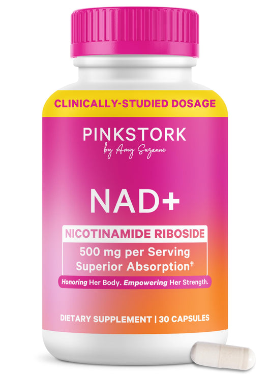 Pink Stork NAD+ bottle front promoting daily energy for women
