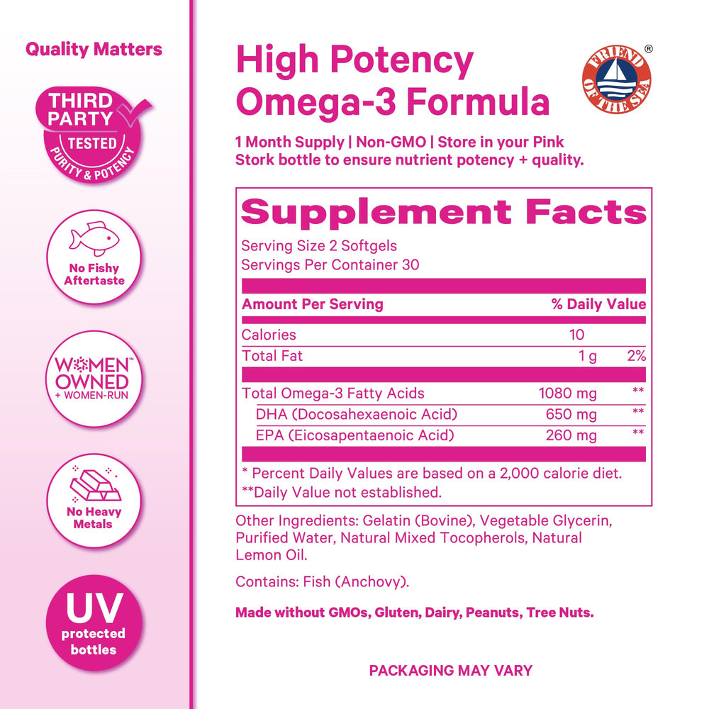 Pink Stork Omega-3 packaging shows berry scent and burpless promise.