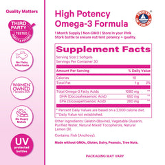 Pink Stork Omega-3 packaging shows berry scent and burpless promise.