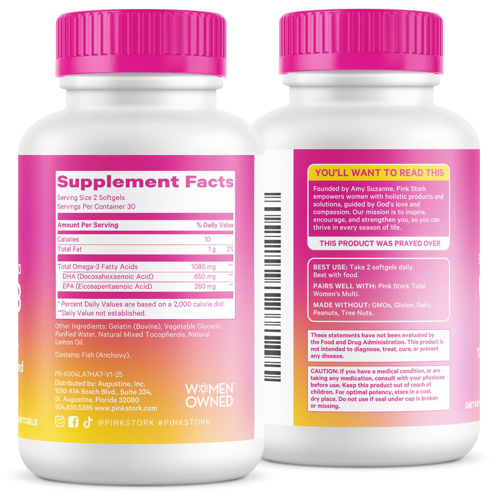 Pink Stork Omega-3 bottle showcases cGMP-certified quality.