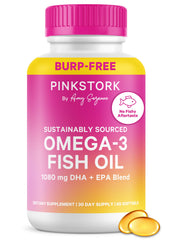 Pink Stork Omega-3 bottle front shows burpless softgels for daily support.