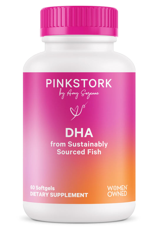 Pink Stork Omega-3 DHA bottle with softgels for prenatal nutrition and fetal brain support