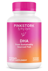 Pink Stork Omega-3 DHA bottle with softgels for prenatal nutrition and fetal brain support