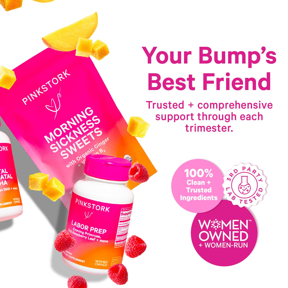 Illustration of prenatal nutrition featuring Pink Stork Omega-3 DHA
