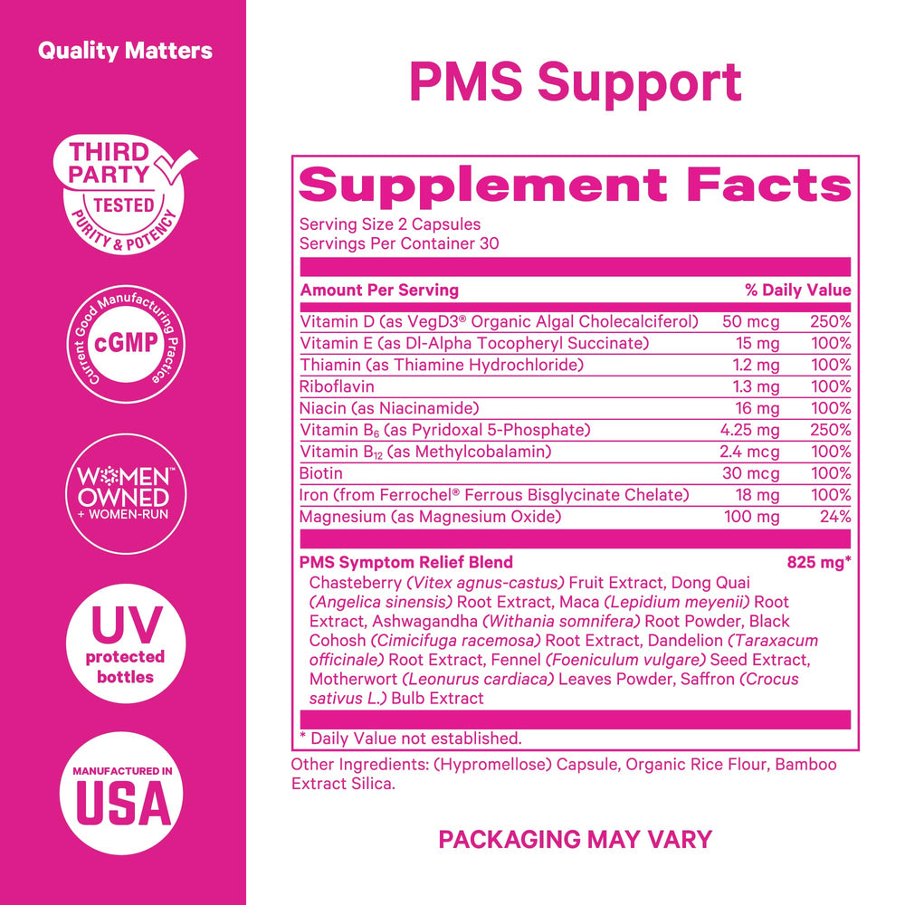 Close-up of Pink Stork PMS capsules highlighting quality and easy daily use.