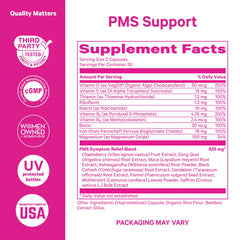 Close-up of Pink Stork PMS capsules highlighting quality and easy daily use.