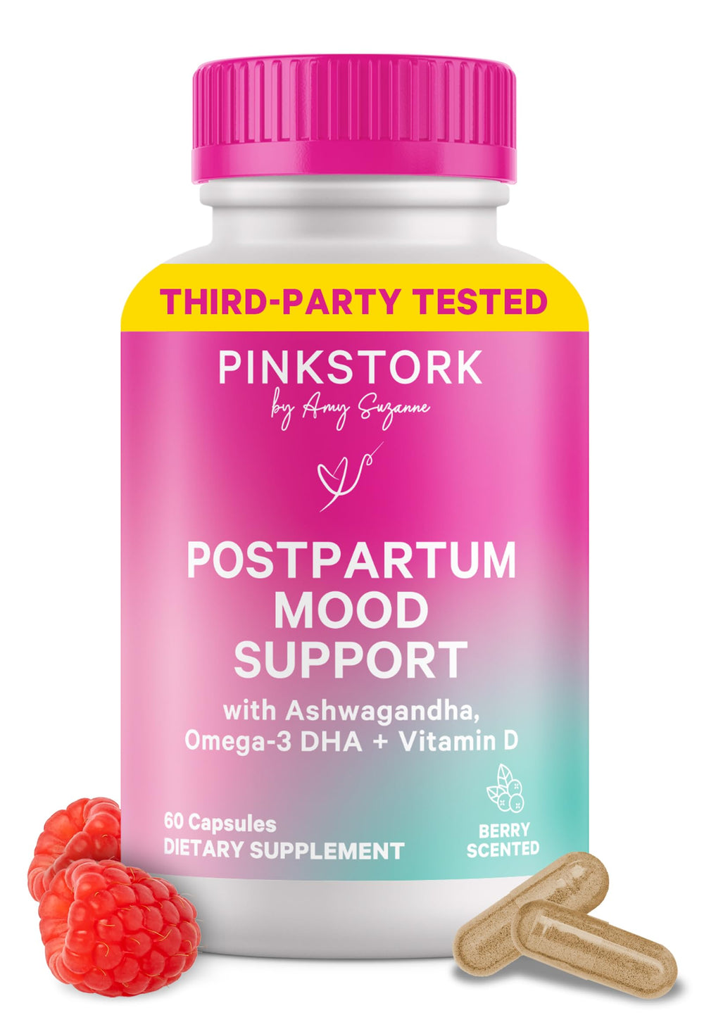 Pink Stork Postpartum Mood Support bottle shown for daily mood balance and postnatal wellness