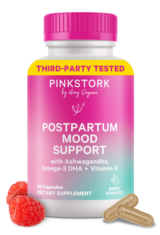Pink Stork Postpartum Mood Support bottle shown for daily mood balance and postnatal wellness