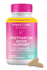Pink Stork Postpartum Mood Support bottle for daily emotional wellness during the fourth trimester.