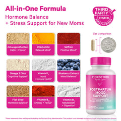 Pink Stork mood support capsules closeup highlighting convenient daily capsules for new moms.