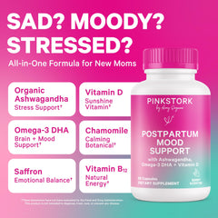 Closeup of Pink Stork Postpartum Mood Support capsules for easy daily intake